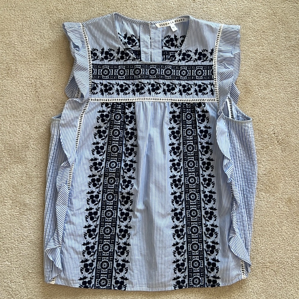 Veronica Beard Blue & White Striped Lace Embroidered Sleeveless Top Size 8